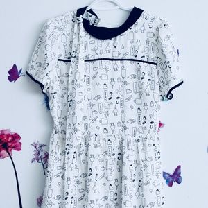 White Vintage Dress With Cartoons - (Size Small)